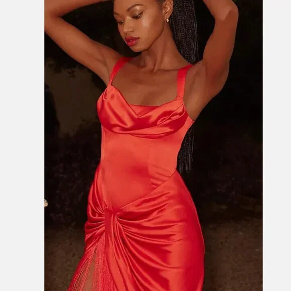 knee length dresses for ladies For Love & Lemons Anisa Asymmetrical Fringe Silk Midi Dress – Luxy Thrift main image 1